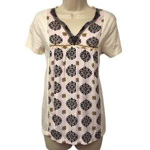 St John’s Bay Short Sleeve Medallion Print V-neck Top Relaxed Fit Crochet Trim